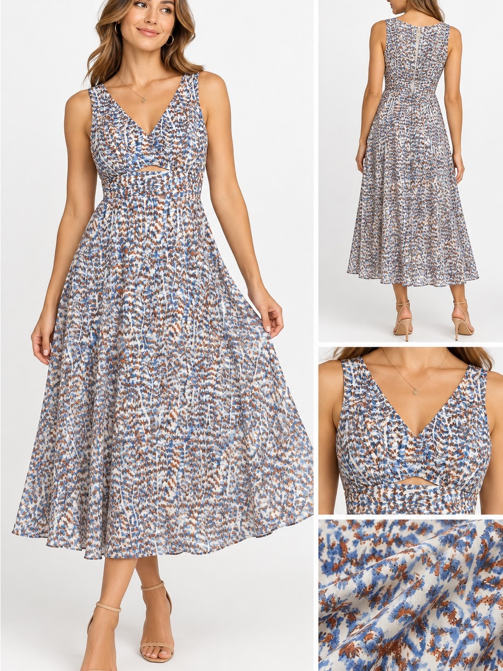 Theory Blue and Brown Printed V‑Neck Midi Dress size 10